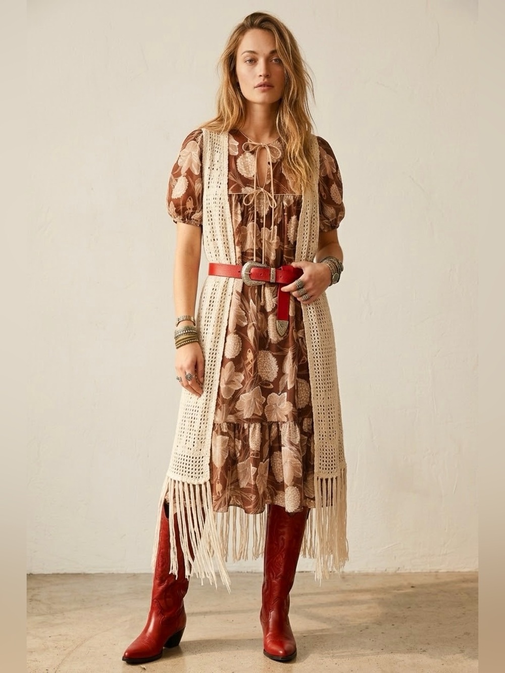 Vintage 70s DBA LA California Brown Floral Prairie Midi Dress Keyhole Bow Tie S